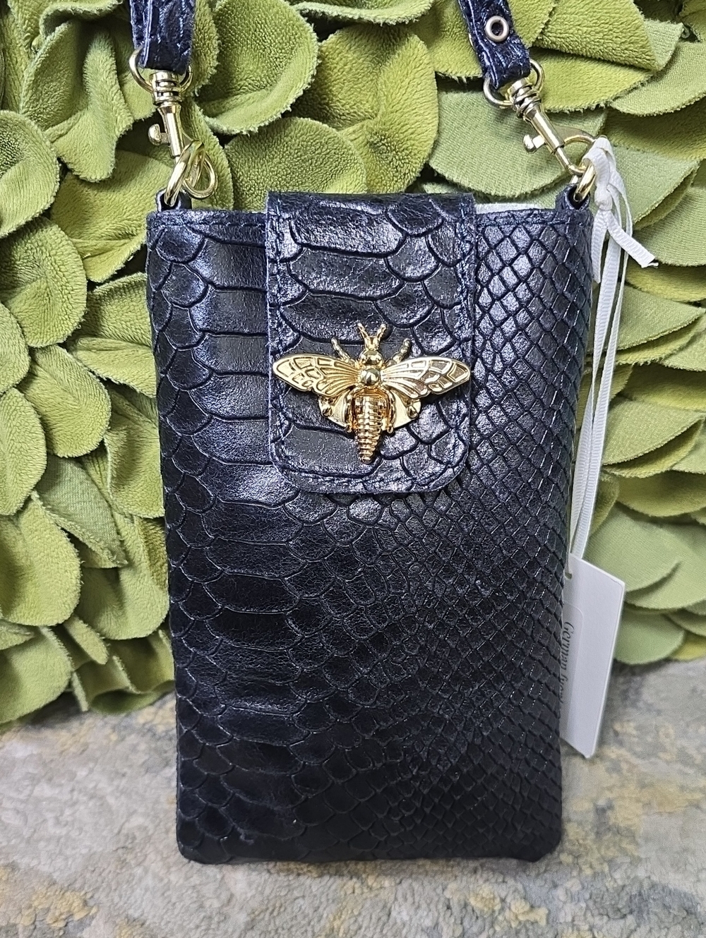 German Fuentes Navy Snakeskin Embossed Crossbody Phone Bag with Gold Bee Accent
